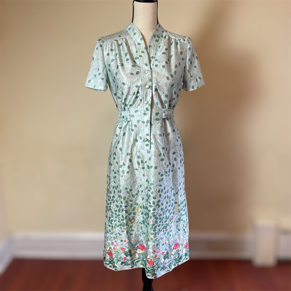 Vintage 1970s LF Petites Women's 6 Green Floral Whimsical Border Hem Belt Dress - Picture 3 of 11